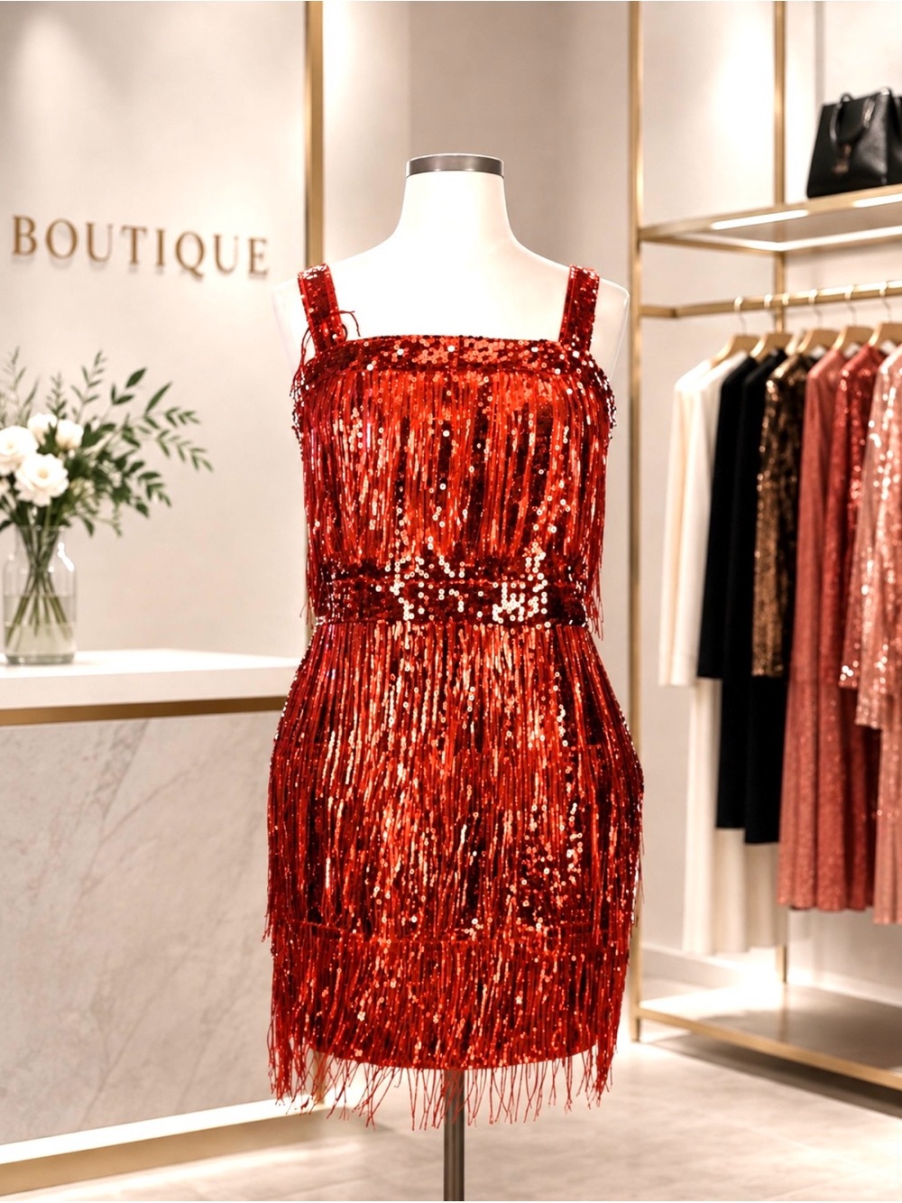 Red Sequined Fringe Flapper Style Major Party Dress Showstopper